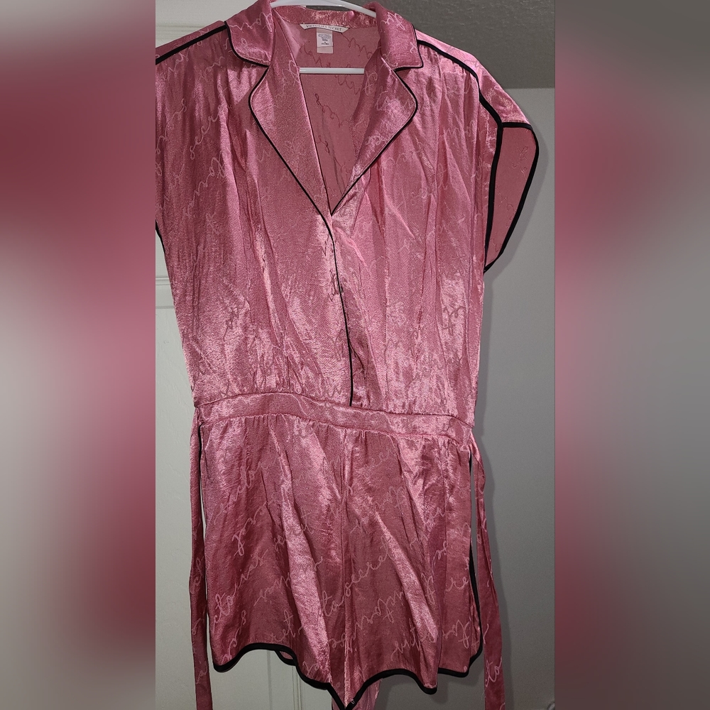 Victoria's Secret Women's Pink Satin Pajama Romper with Black Trim Size M
